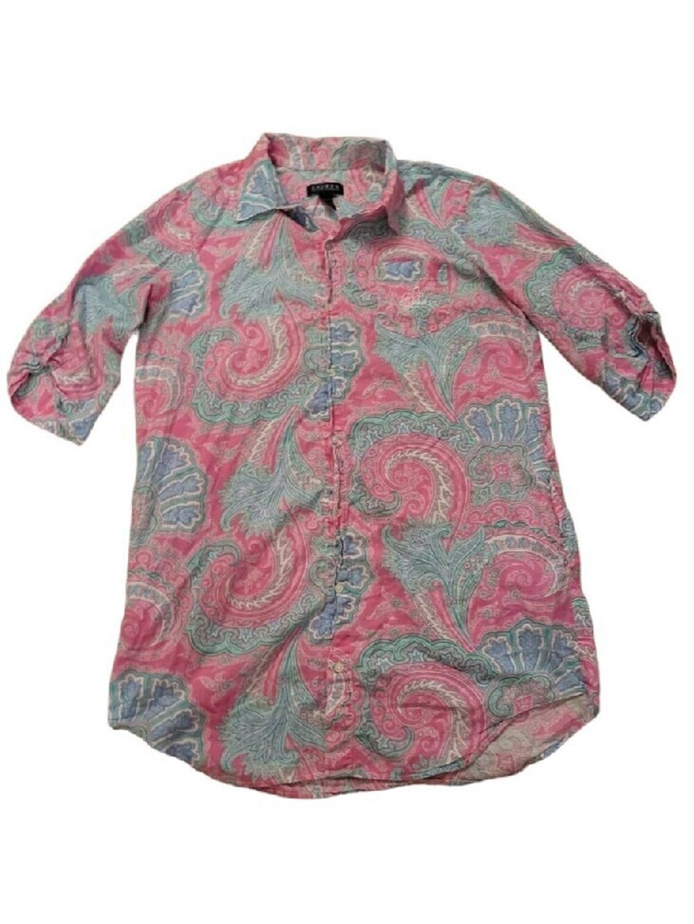 Vtg Lauren Ralph Lauren Pink Blue Paisley Buttoned Shirt Dress Large